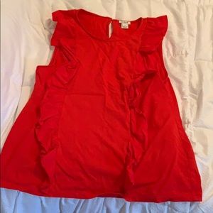 J crew red sleeveless top, vertical ruffles
